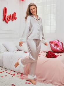Fuzzy Detail Satin Pajama Set, Fall Clothes - Champagne - View 3