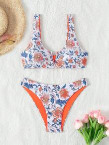 SHEIN Swim Summer Beach Women's Floral Print Two-Piece Bikini Set - Multicolor - View 1