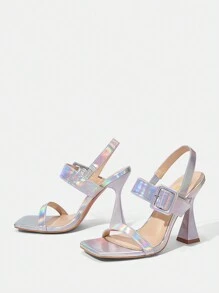 扣環裝飾露跟方頭高跟涼鞋 - 銀色 - 查看 3