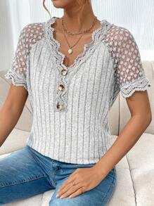 SHEIN LUNE 插肩袖蕾絲裝飾短袖t卹 - 灰色 - 查看 1