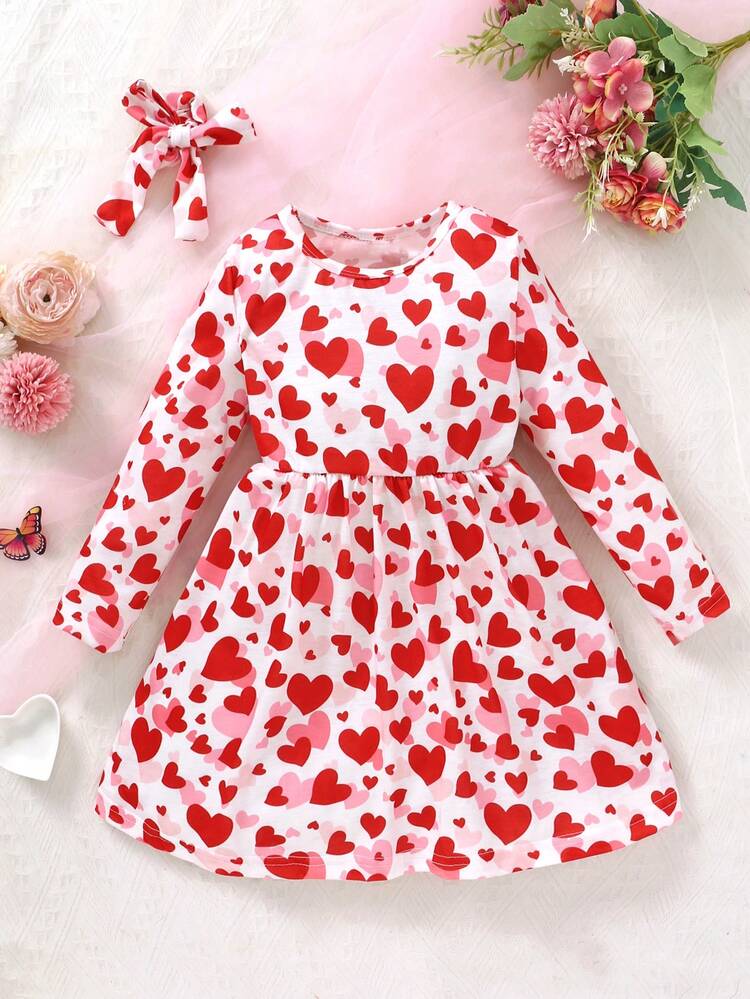 Girl Toddler Heart Pattern Print Long Sleeve Waist Fit & Flare Valentine's Day Dress With Headband, Spring/Autumn Valentine's Day