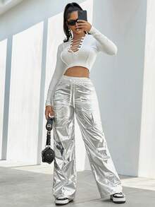 街頭口袋前拉繩金屬貨物降落傘褲