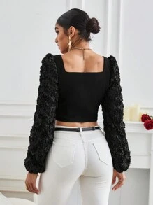 GENKIRA Lantern Sleeve Short Blouse With 3d Flower Decoration Fall Cloth For Women - Black - View 2