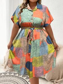 SHEIN LUNE Kích thước lớn tay cánh Thắt lưng Váy sơ mi - Hồng - Xem 4