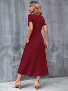 SHEIN Clasi Women's Solid Color Dress With Hidden Pockets Burgundy Dress Womencasual Long Dress - Burgundy - View 2