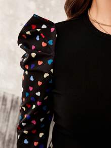 SHEIN LUNE 女款大尺碼愛心印花羊腿袖 T 卹 - 黑色 - 查看 5