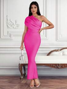 Pleated One Shoulder Cinched Waist Slim Fit Long Formal Dress - Hot Pink - View 1