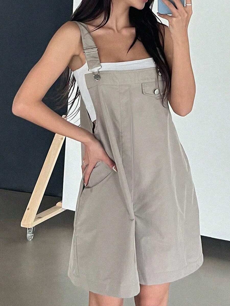 DAZY Solid Slant Pocket Overall Romper Without Tube Top - Grey - View 1