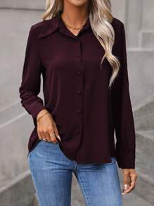EMERY ROSE 女式纯色翻领衬衫、长袖上衣 - 紫紅色 - 查看 5
