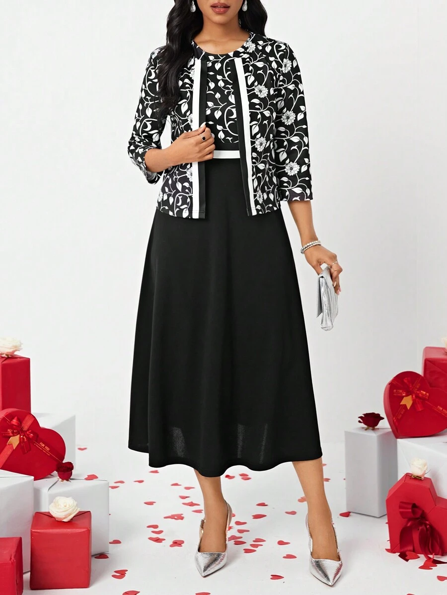 SHEIN Lady Floral Print Jacket And Dress Set With Open Front - Black and White - View 1