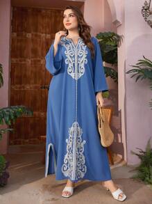 Al Najma Plus Size Embroidered Patchwork Notch Collar Bell Sleeve Dress Kaftan Jalabiya Dress