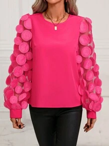 SHEIN Privé Mesh Contrast Long Sleeve Shirt - Hot Pink - View 3