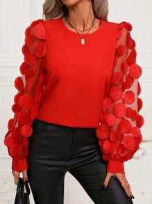 SHEIN ChicEase 网眼撞色长袖衬衫 - 紅色 - 查看 6