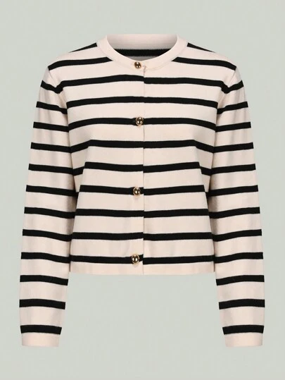 INAWLY 女士条纹长袖开衫，女士春秋季休闲纽扣常规袖圆领常规版型黑白粘胶条纹女士开衫，休闲日常装，长袖上衣