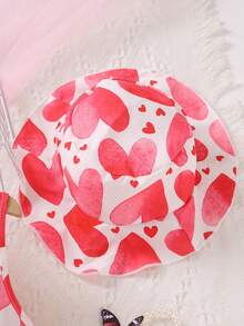 SHEIN Little Girls' Sleeveless Heart Printed Dress With Belt And Hat, Spring/Summer - Red - View 5