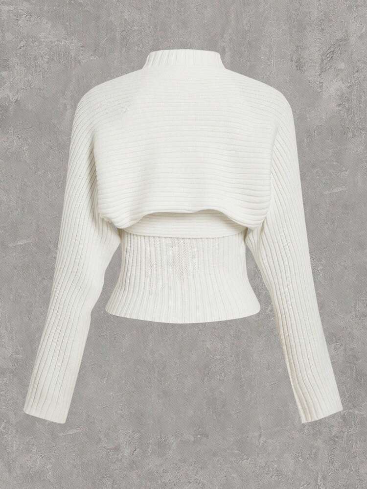 Zip Front Ribbed Knit Halter Top And Cardigan Two-Piece Set