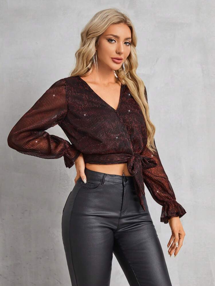 Women'S Tie-Front Cropped Blouse With Flounce Sleeves Christmas Winter New Year Elegant Red