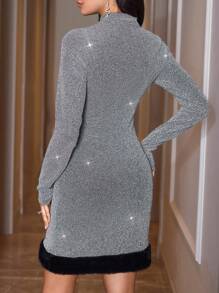 EURMUSE Women's Gray Stand Collar Long Sleeve Party Dress