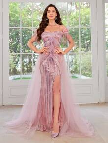 Mesh Spliced Sequin High Slit Cami Cocktail Dress - Pink - View 5