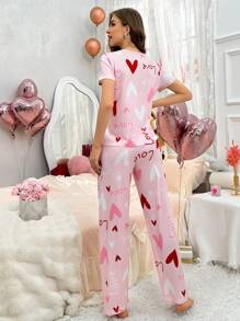 Women's Milk Silk Pajama Set With Heart Print - Pink - View 2