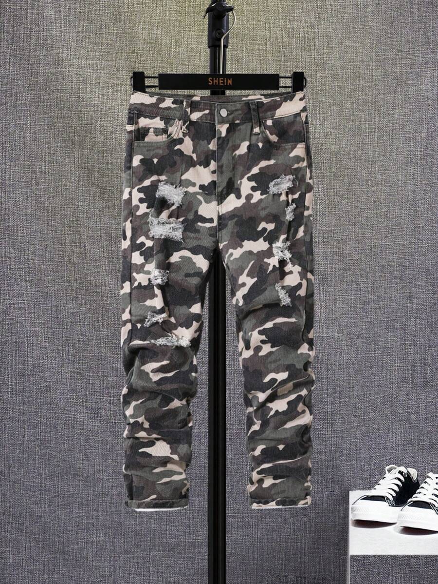 SHEIN 男童迷彩多色仿舊直筒牛仔褲 - 彩色 - 查看 1