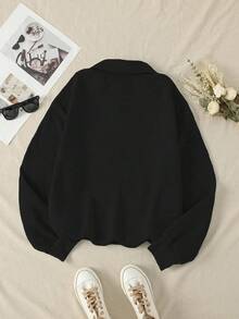 SHEIN Unity 女式字母刺繡折領運動衫 - 黑色 - 查看 2