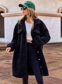 RueChic Drop Shoulder Flap Detail Teddy Coat - Black - View 2