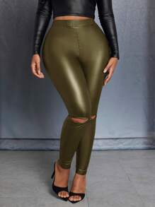 Slaydiva 女士镂空仿皮裤 - 軍綠色 - 查看 1