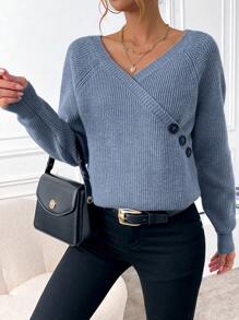 SHEIN LUNE Suéter Cruzado Con Detalle De Botones De Color Liso - Verde - Ver 5