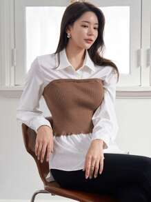 DAZY Women'S Colorblock Knitted Ribbed Shirt With Patchwork Design - Khaki - View 1