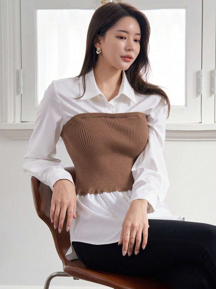 DAZY Women'S Colorblock Knitted Ribbed Shirt With Patchwork Design - Khaki - View 1