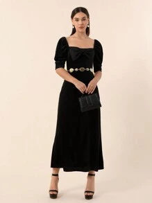 SHEIN Privé Women'S Velvet Puff Sleeve Dress With Bow Tie - Black - View 5