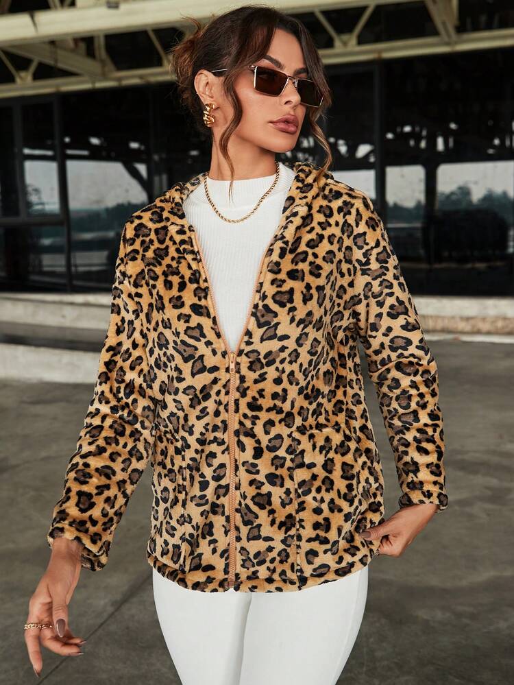 Women'S Leopard Print Hooded Long Sleeve Jacket Fall Cloth For Women