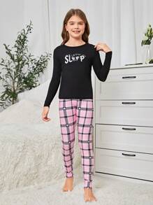 Tween Girl Family Matching Outfits, Letter Print Plaid Snug Fit Pajama Set - Black - View 3