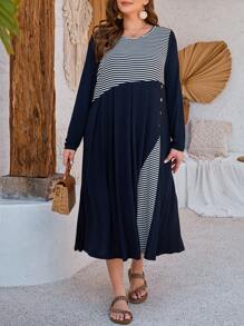 EMERY ROSE Vestido De Manga Larga Con Rayas Y Talla Grande - Azul Marino - Ver 4