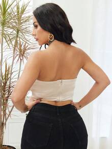 女裝誇張3d花裝飾無肩帶上衣 - 香檳色 - 查看 2