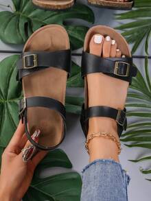 女士扁平涼鞋純色易穿進腳環防滑耐用雙扣帶拖鞋,日常舒適鞋履 - 黑色 - 查看 2