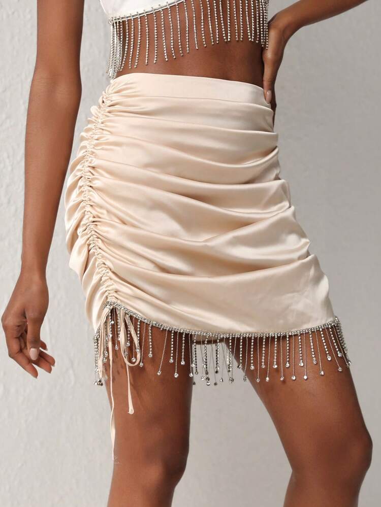 Designer Rhinestone Fringe Trim Drawstring Side Satin Bodycon Elegant Skirt, For Summer, Holiday, Party, New Year Eve, Valentine's Day, Festival