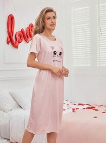 Cartoon Pattern Ladies Pajama Night Dress, Moo Moo - Pink - View 4