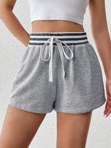 SHEIN Essnce Color Block Striped High Waisted Shorts With Slanted Pockets - Grey - View 2