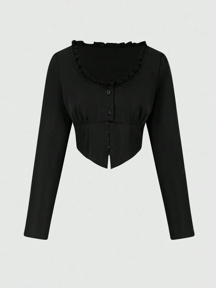 Women'S Asymmetric Hem Blouse With Frill Trim