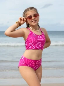 Tween Girl Bikini Set With Heart Print Design Summer Beach - Pink - View 3