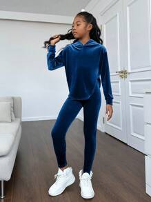 Tween Girls' Stylish Party Solid Color Velvet Hooded Long Sleeve Suit - Teal Blue - View 3