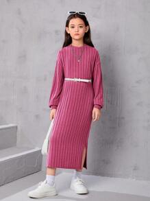 SHEIN Leap Crew Tween Girls' Loose Round Neck Sweater Dress With Side Slit & Drop Shoulder Design - Hot Pink - View 4