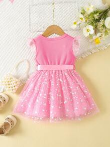 女婴闪亮网纱无袖连衣裙 - 玫紅色 - 查看 2