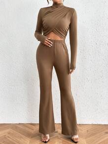 SHEIN Privé Conjunto De Top De Cuello Alto Y Pantalones Acampanados Con Diseño Asimétrico - Albaricoque - Ver 2