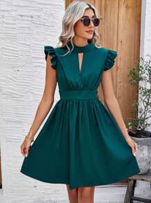 Chiquease Đường viền lỗ khóa Viền Ruffle Váy bodycon - Màu xanh lá cây đậm - Xem 3