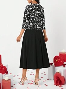 SHEIN Lady Floral Print Jacket And Dress Set With Open Front - Black and White - View 2