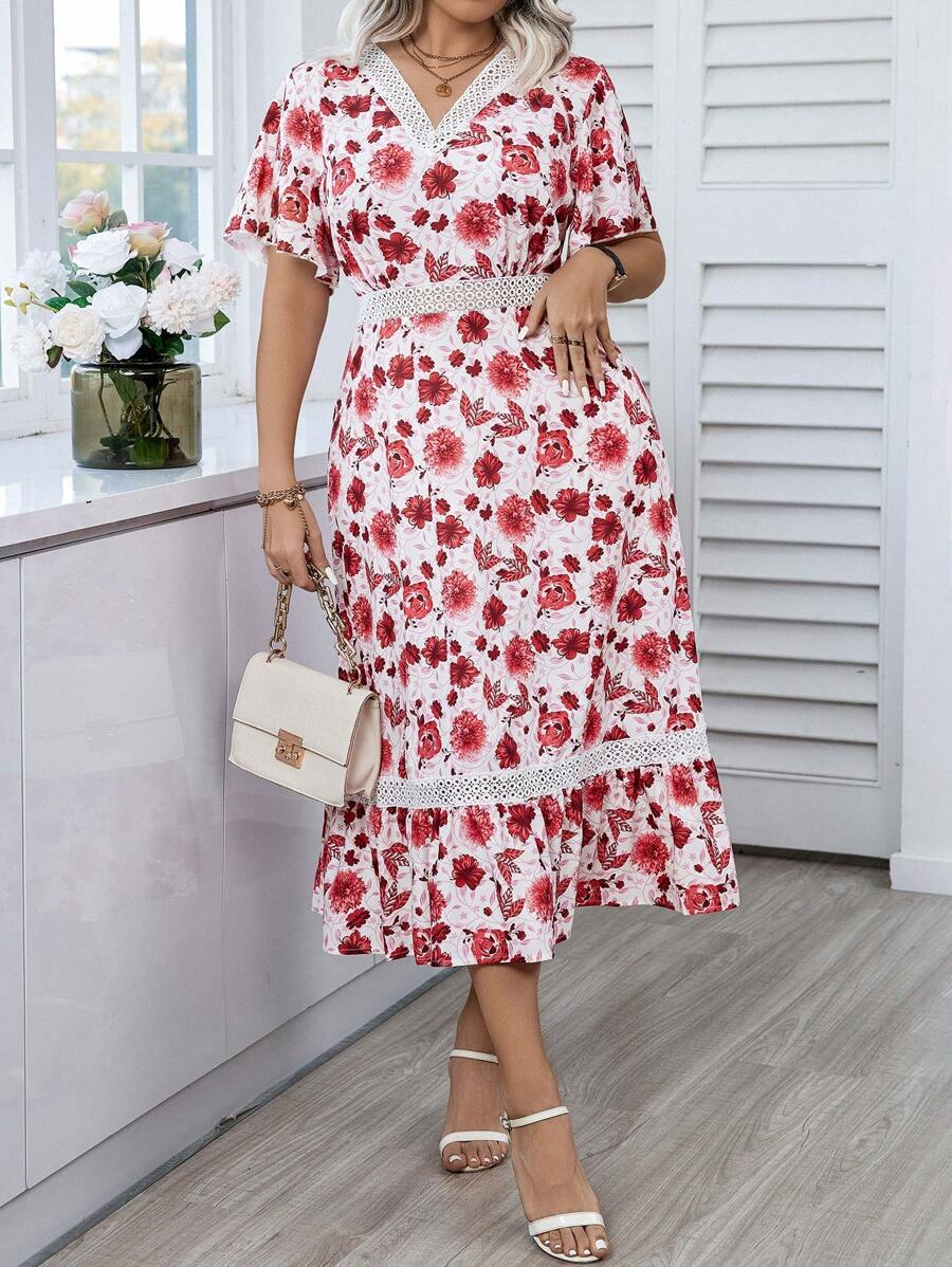 SHEIN Unity Plus Size Women'S Floral Printed Short Sleeve Dress