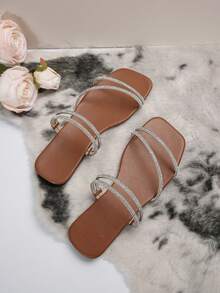 女款水鑽平底涼鞋,夏季新款棕色平底羅馬涼鞋戶外穿著 - 棕色 - 查看 5